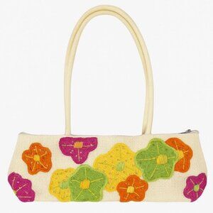 Floral Woven Women's  Embroidered Floral Accents Cream Straw Shoulder Bag